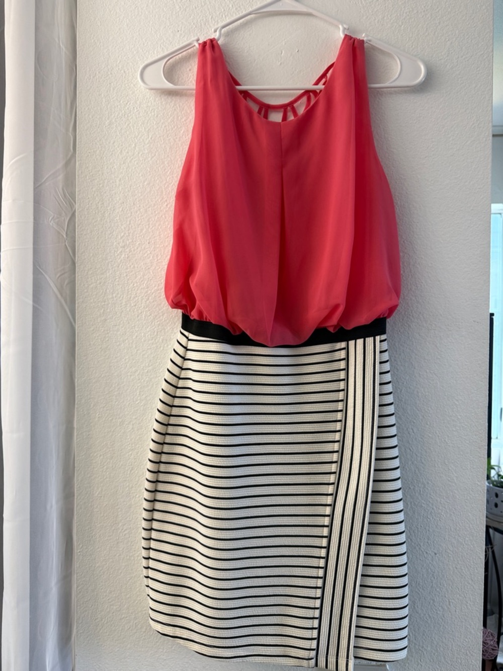 Women's Coral Pink Mini Dress with Striped Skirt